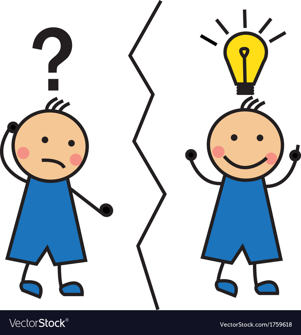 Cartoon man with a question mark and a light bulb
