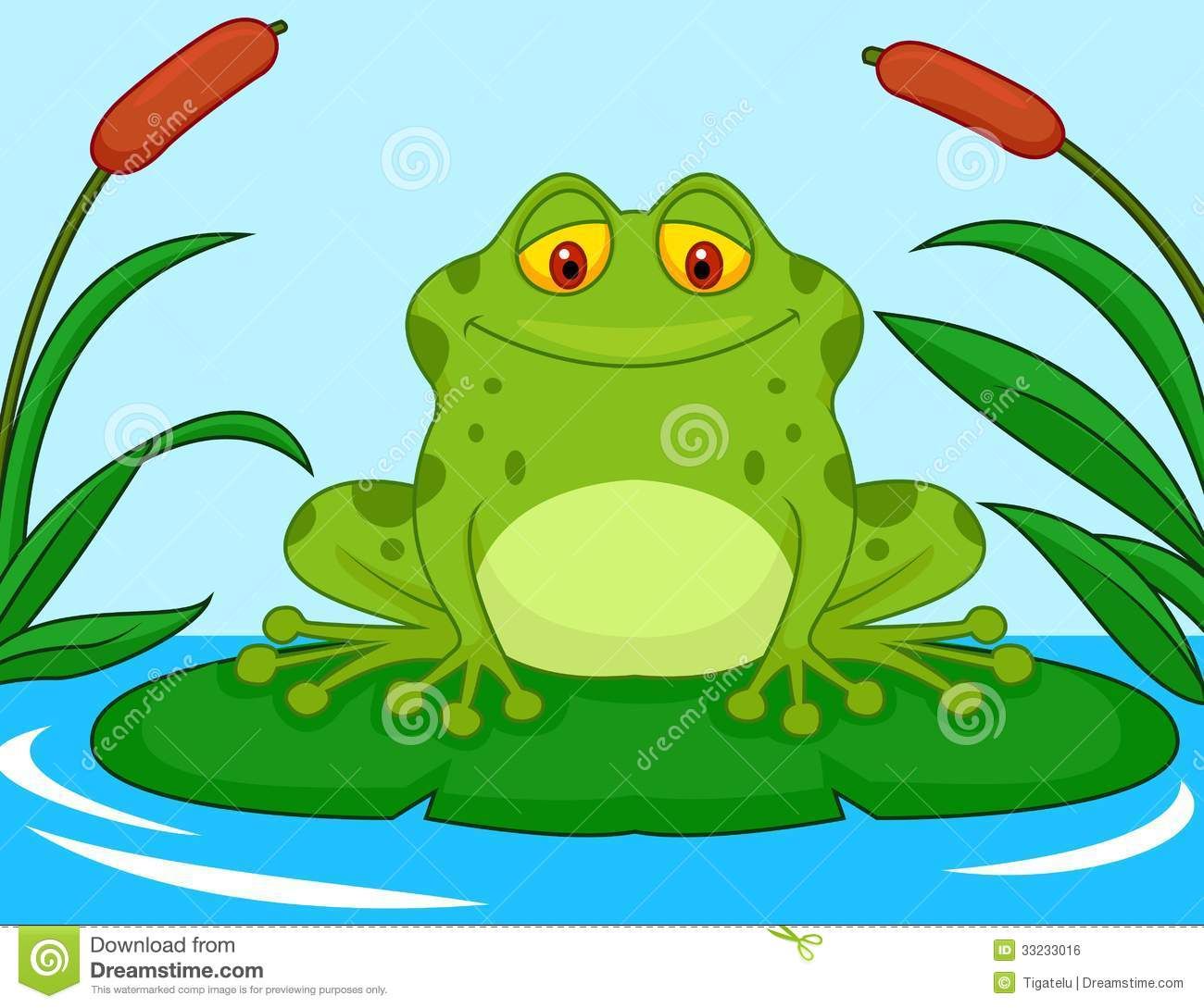 Cute Green Frog Cartoon On A Lily Pad Illustration