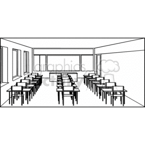 Black and white outline of a classroom with desks clipart