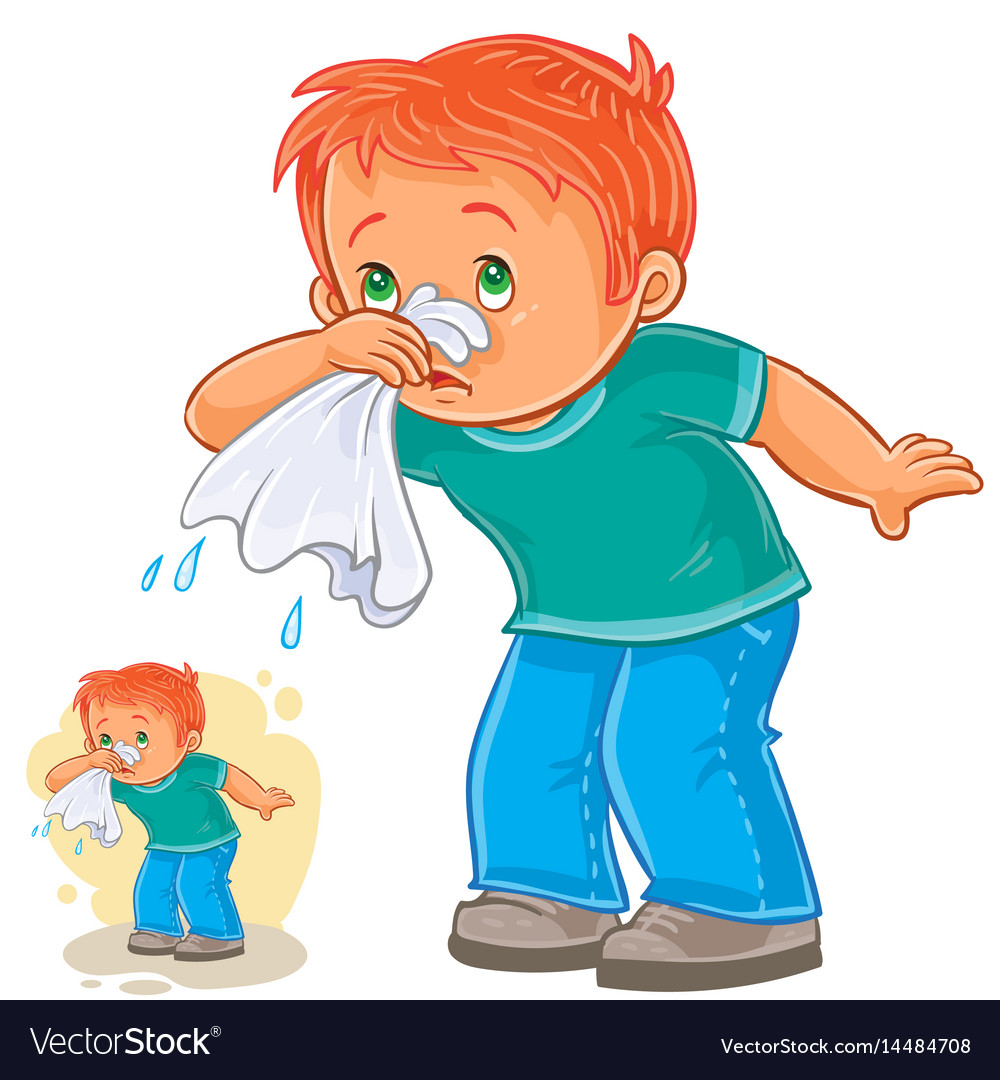 Sick little boy blowing his nose in a handkerchief