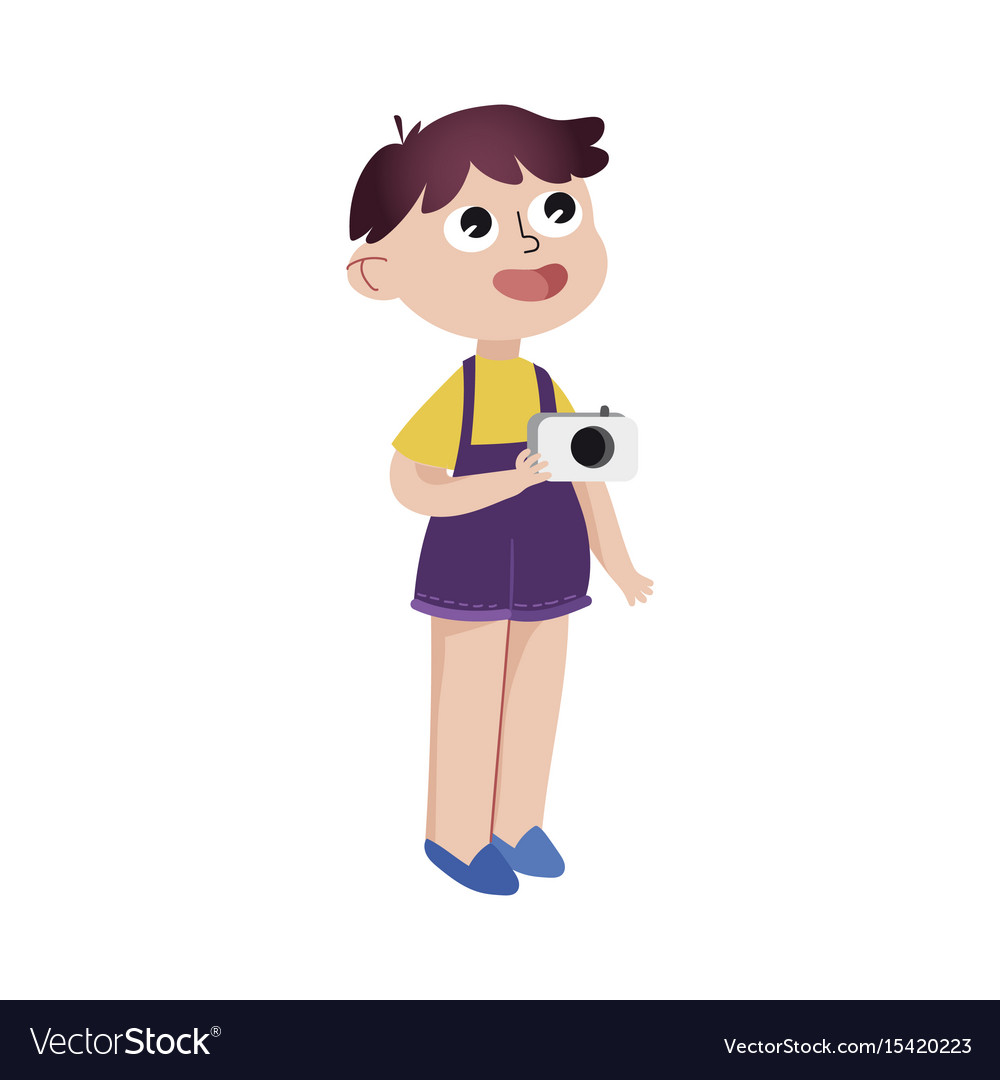 Curious cartoon little boy standing with camera