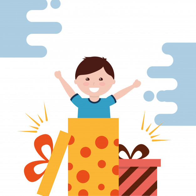 Cute little boy surprise gift box coming out vector