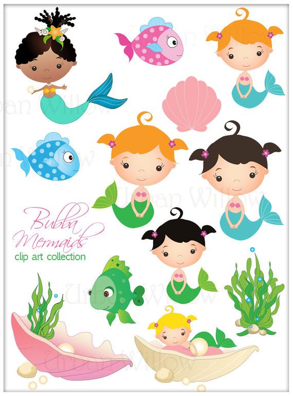 Mermaid Clipart, Cute Mermaid Clipart, Seaweed and Fish