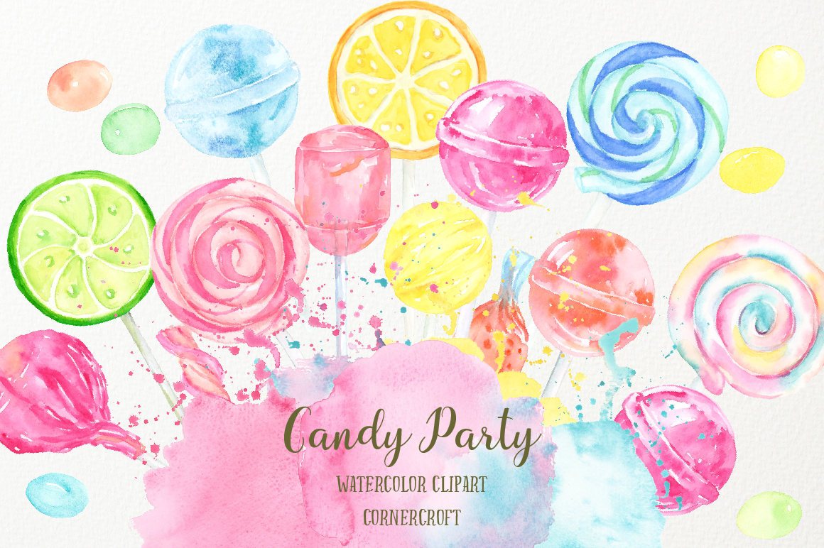 Watercolor Candy Party, candies, sweets, lollipops in pastel