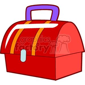 Red lunch box with orange stripes and a blue handle clipart