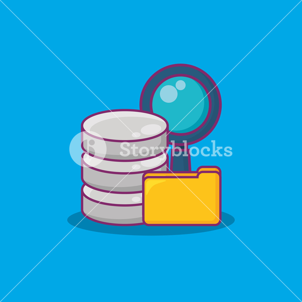 Data server with lupe and folder over blue background
