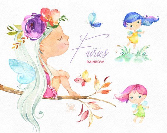 Rainbow fairies watercolor.