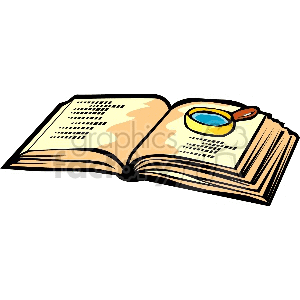 Open book with a magnifying glass on it clipart