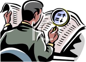 A Man Reading the Newspaper with a Magnifying Glass Clip Art