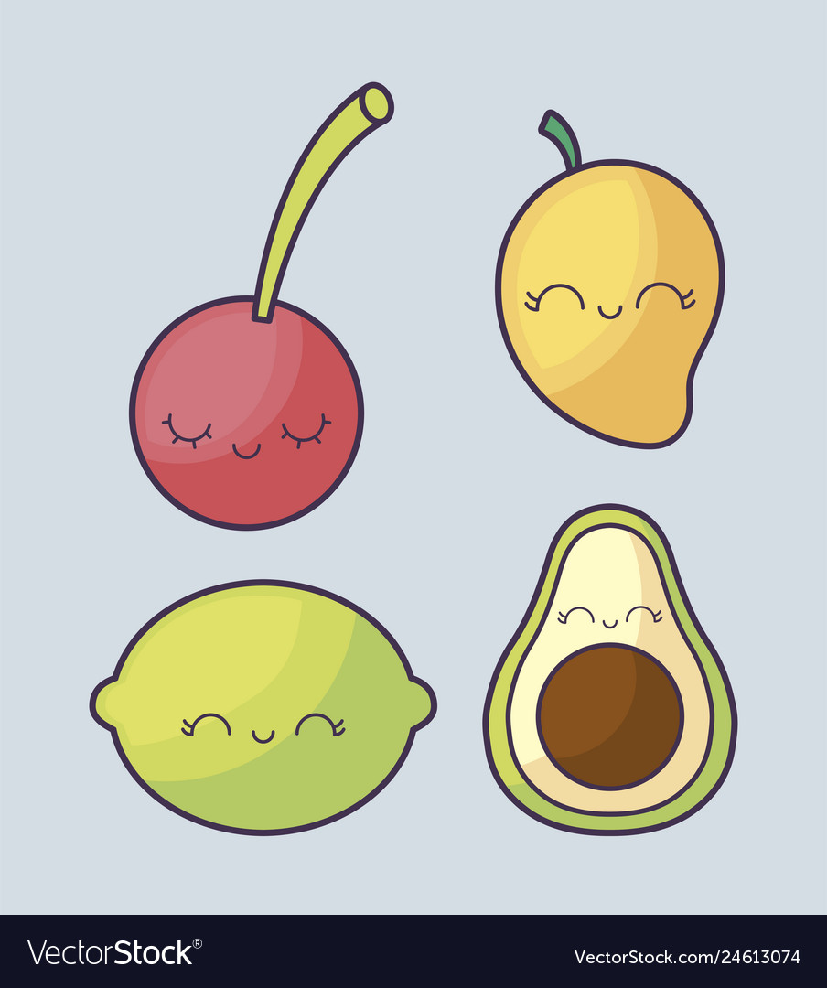 Mango with set of fruits kawaii character
