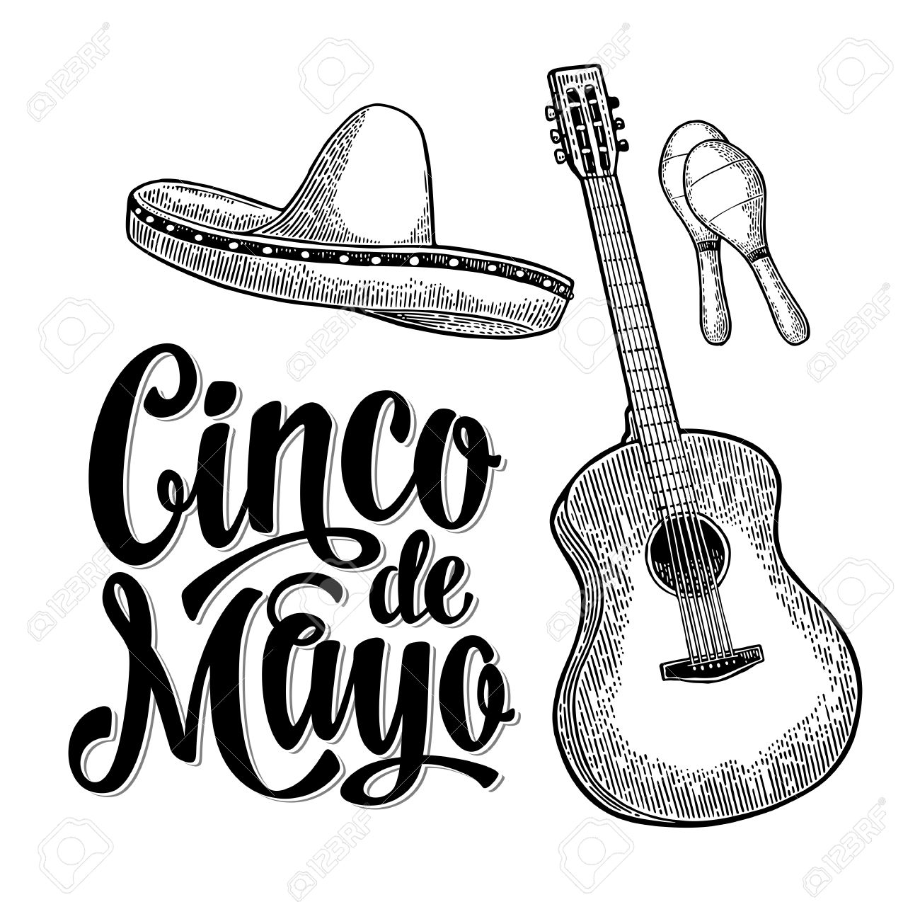Cinco de Mayo lettering and guitar, maracas and sombrero