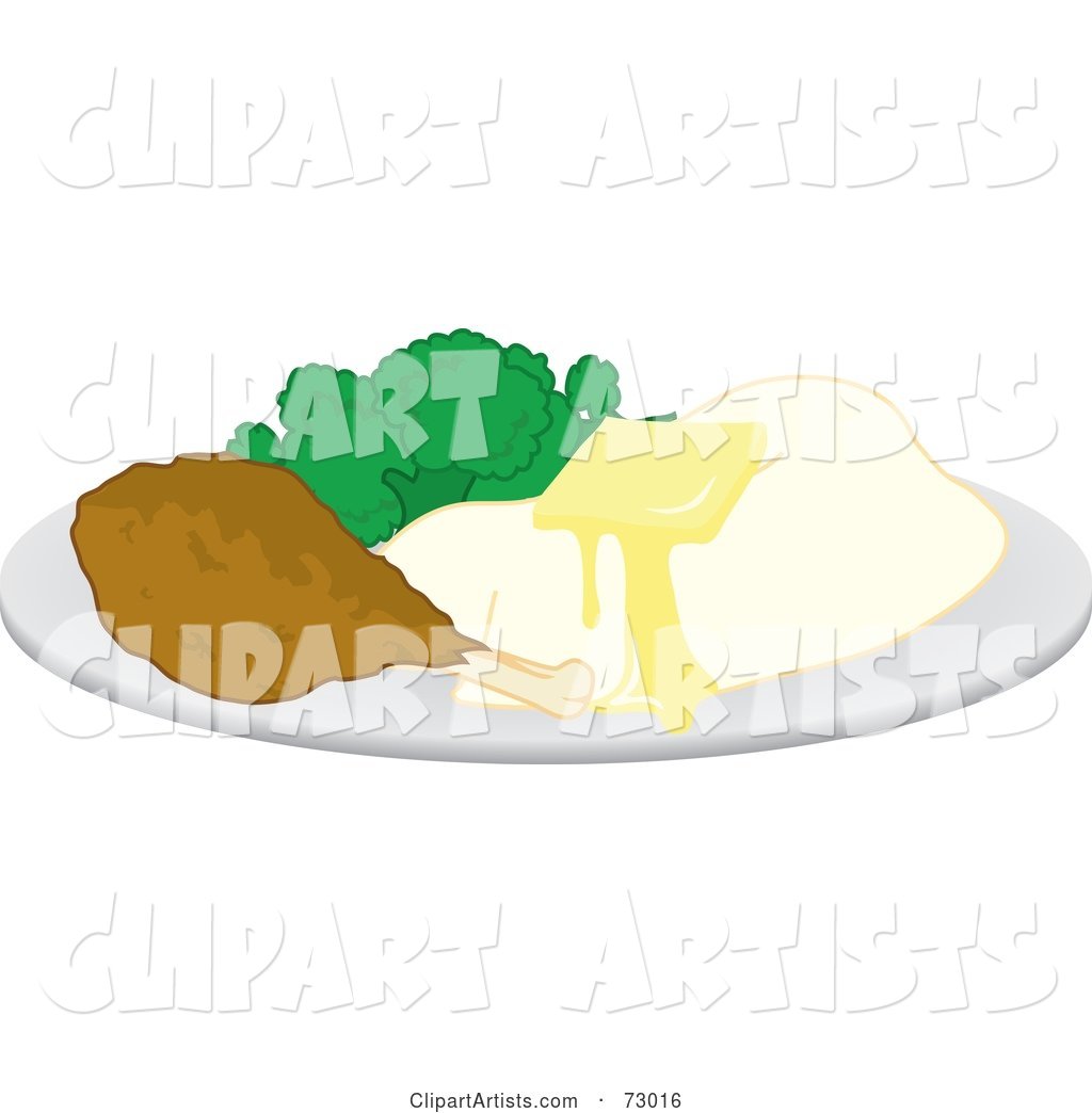 Plate Of Buttery Mashed Potatoes, Broccoli And A Chicken