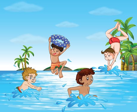 Boys swimming and diving in the sea Clipart Image