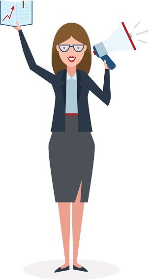 Business woman with book and megaphone
