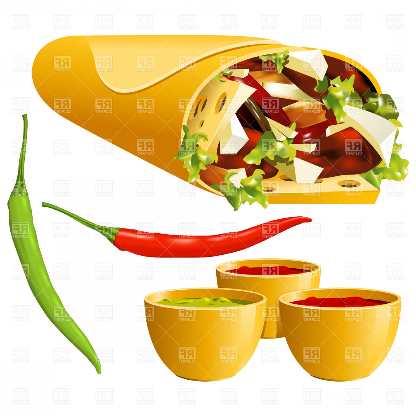Mexican Food Burrito And Hot Pepper Vector Clipart