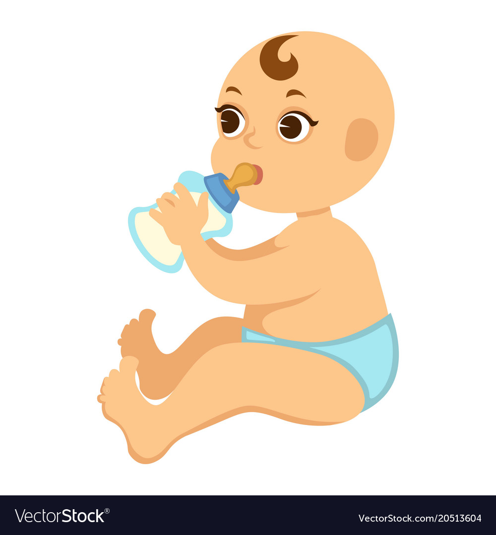 Baby boy in diapers drinks milk from bottle with