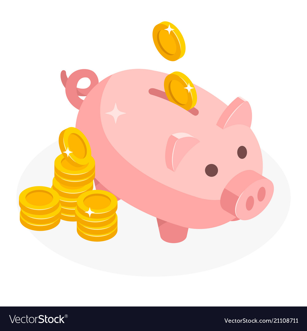 Isometric piggy bank with coins money cash