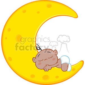 Royalty Free RF Clipart Illustration Cute African American Baby Boy Sleeps  On Moon Cartoon Character clipart