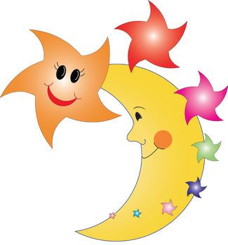 Free Clipart Picture of Happy Stars and The Man in the Moon