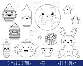MID AUTUMN STAMPS, commercial use, kawaii clipart, moon digital stamps,  china