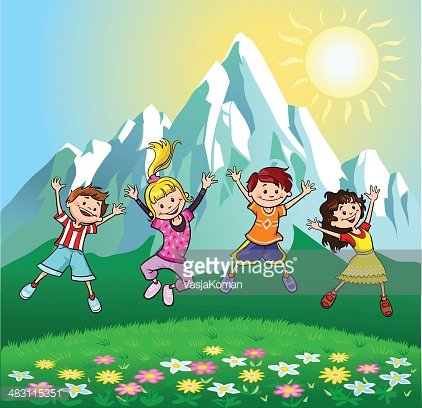 Happy Children Joy Jumping on the Mountain Grass Clipart