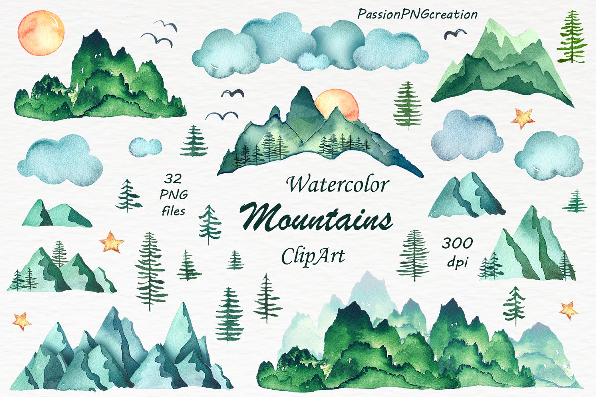 Watercolor mountains clipart.