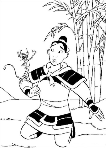 Mulan and Mushu on his hand coloring page