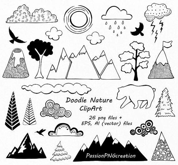 Doodle Nature Clipart, Hand Drawn Mountain Clipart, Clouds