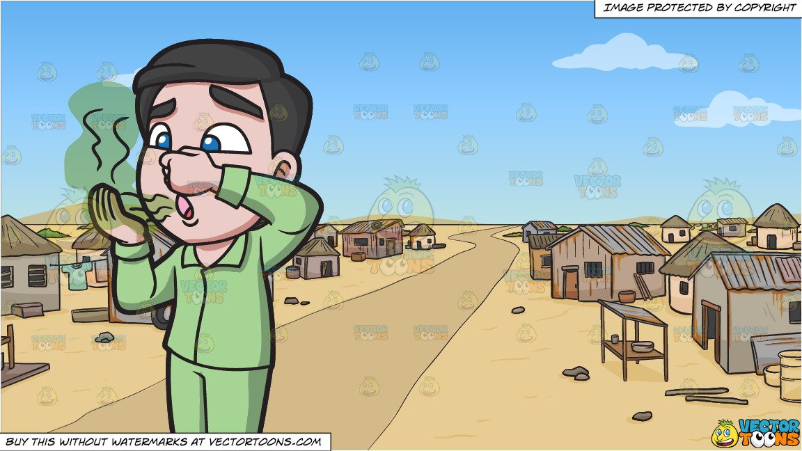 A Man Smelling His Bad Morning Breath and A Slum Neighborhood In The Middle  Of Nowhere Background