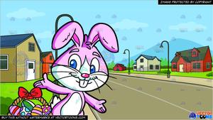 An Easter Bunny Collecting Colorful Eggs and A Neighborhood Subdivision  Background