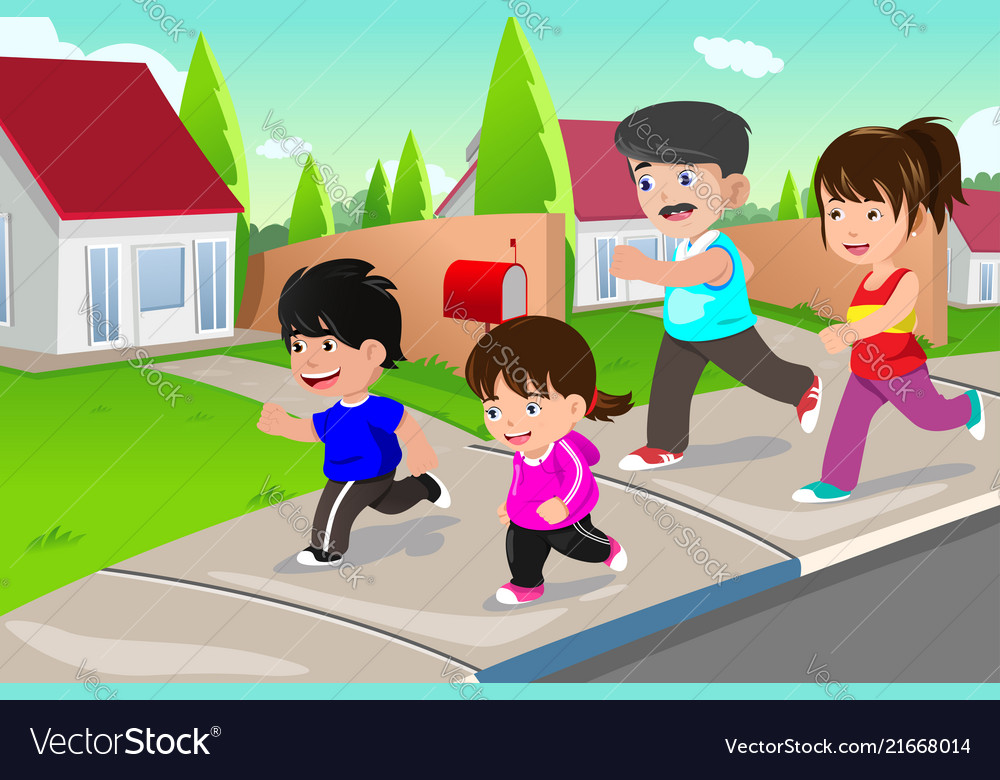 Family running outdoor in a suburban neighborhood vector image
