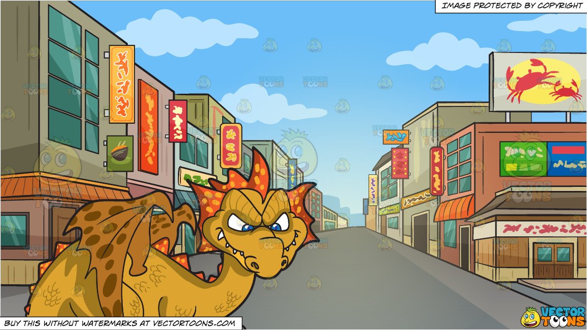 A Mischievous Dragon and Downtown Street In An Asian Neighborhood Background