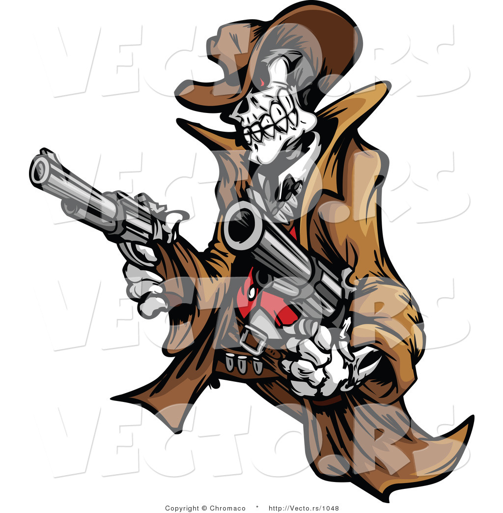 Vector of a Rebel Cowboy Skeleton Pointing Two Guns by