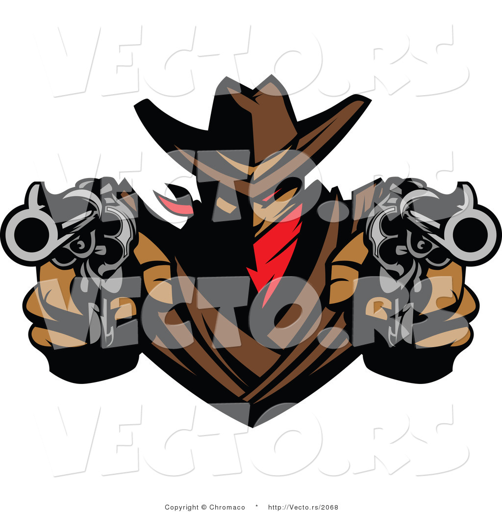 Vector of a Cowboy Outlaw Pointing Two Loaded Hand Guns by