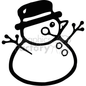 Black and White Snowman with Stick Arms and a Carrot Nose and a Black Hat  clipart