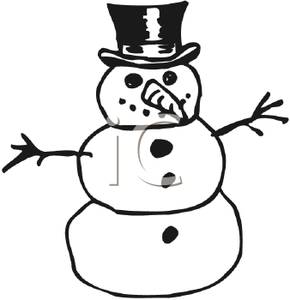Black and White Snowman with a Tophat, Carrot Nose, and