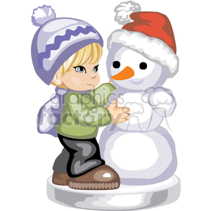 Cute little boy building a snowman with a carrot nose and a santa hat  clipart