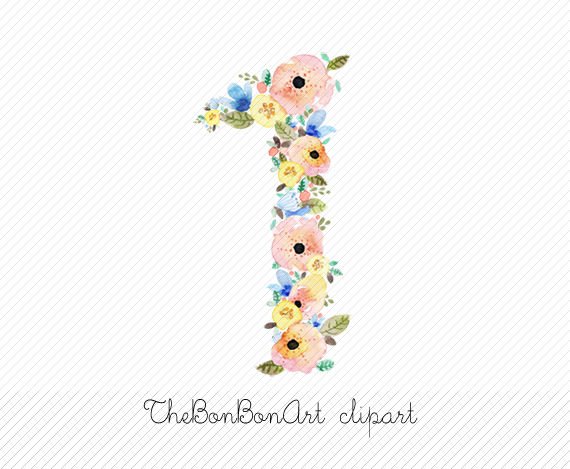 Flower numbers watercolor clipart