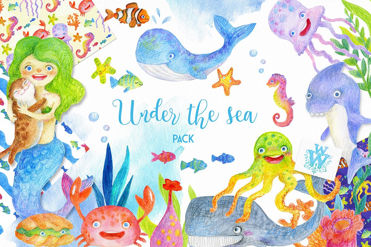 Watercolor Sea creatures clipart, ocean animal clip art