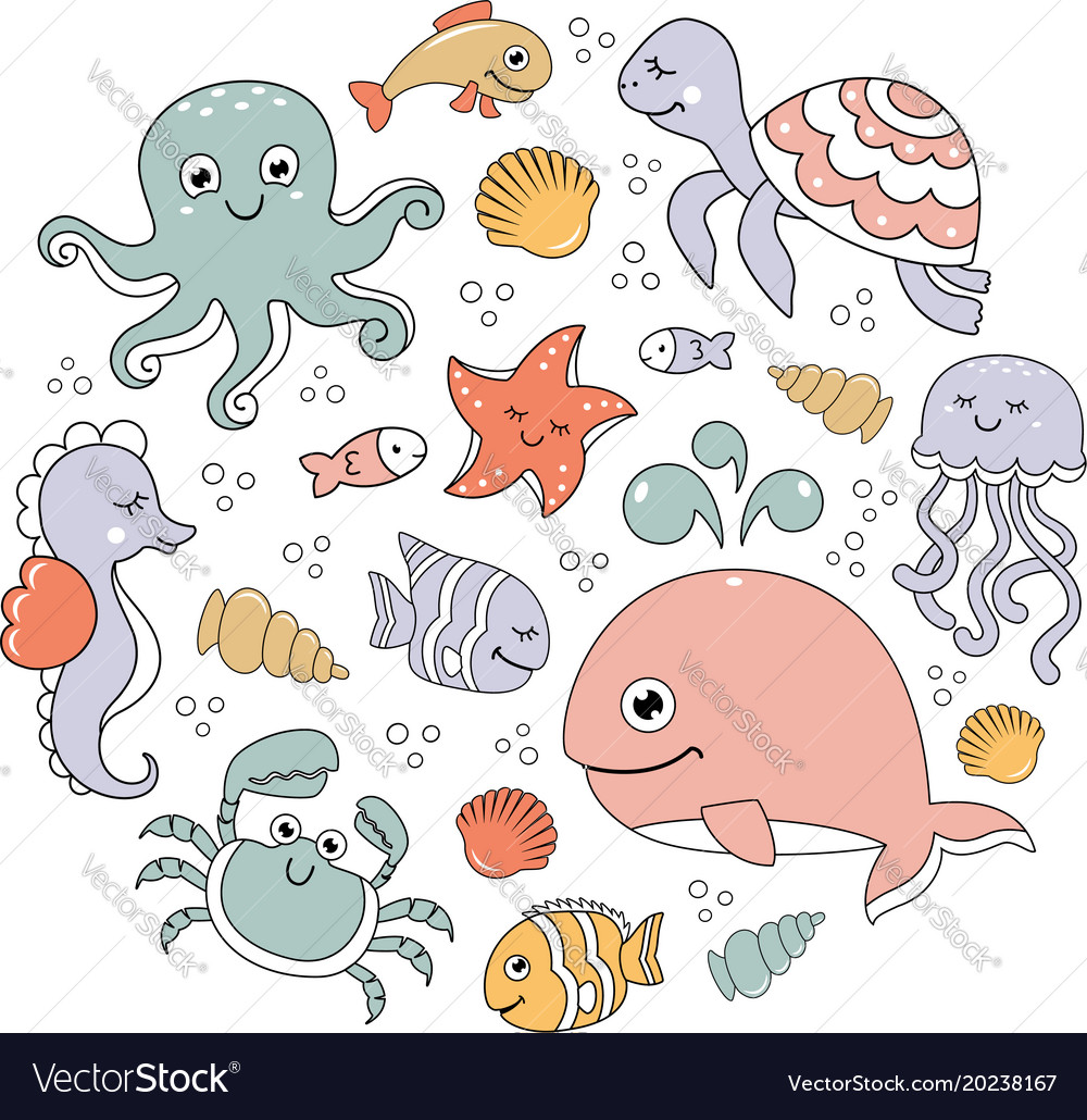 Ocean set with cute sea animals under the sea