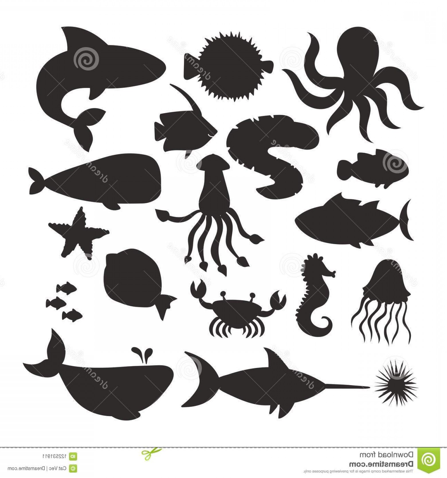 Sea Animals Vector Silhouette Creatures Characters Cartoon