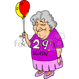 Older lady holding a birthday balloon and wearing
