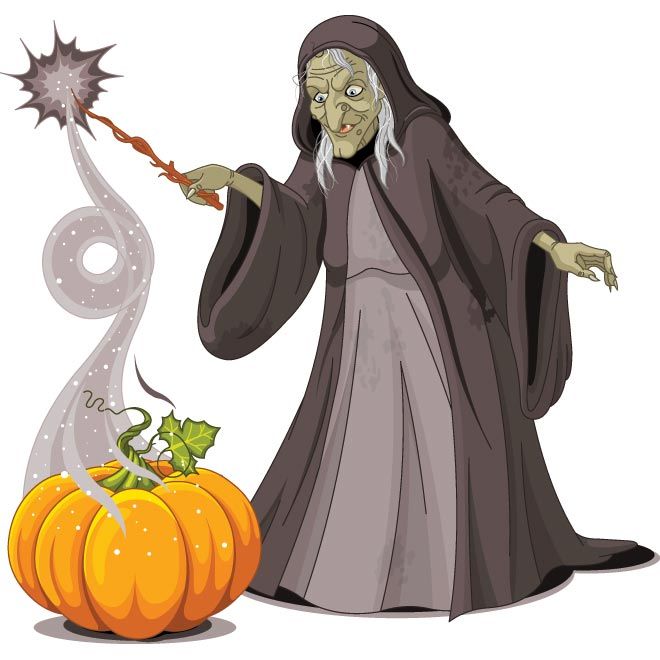 Vector old scary lady witch with Big Pumpkin doing magician