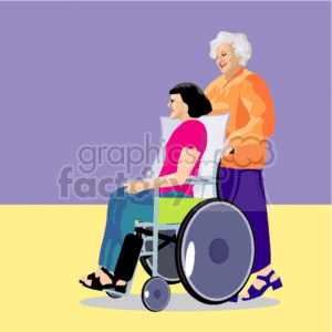 An Old Woman Walking a Young Girl in a Wheelchair clipart
