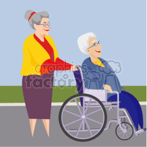An Old Woman Walking and Pushing an Elderly Woman in a Wheelchair clipart