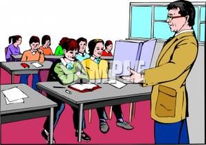Teacher and students in a classroom clip art