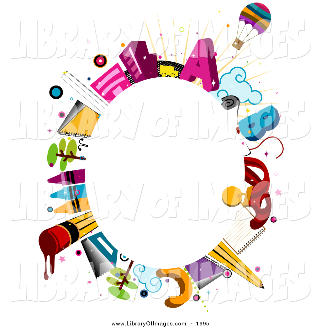 Clip Art of a Oval Frame of School Items Around Copyspace by