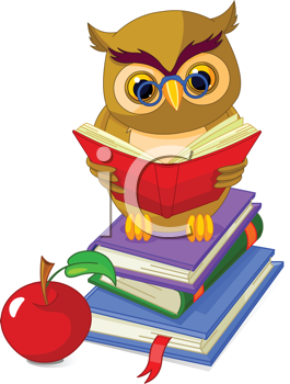 Royalty Free Clipart Image of an Owl on a Pile of Books
