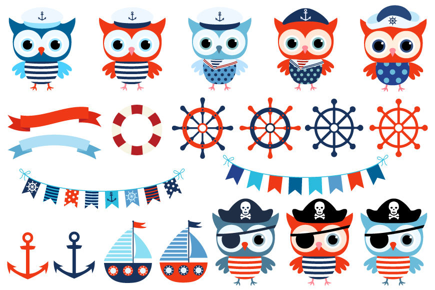 Boy nautical owl clipart, Cute sailor owls clip art, Pirate