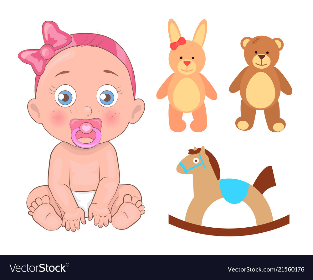Baby girl in pink ribbon with pacifier and toys